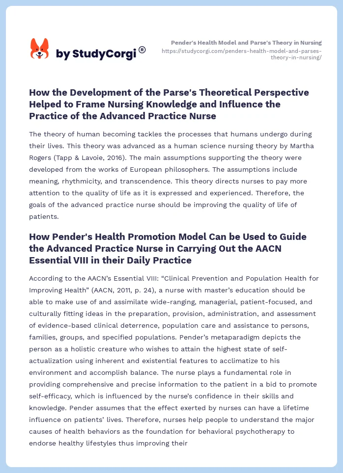 Pender's Health Model and Parse's Theory in Nursing. Page 2