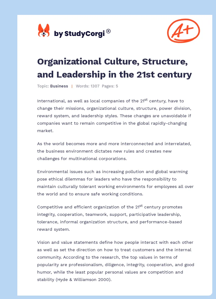 Organizational Culture, Structure, and Leadership in the 21st century. Page 1