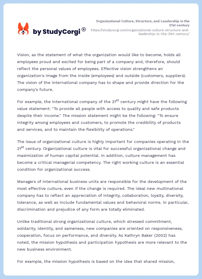 Organizational Culture, Structure, and Leadership in the 21st century. Page 2