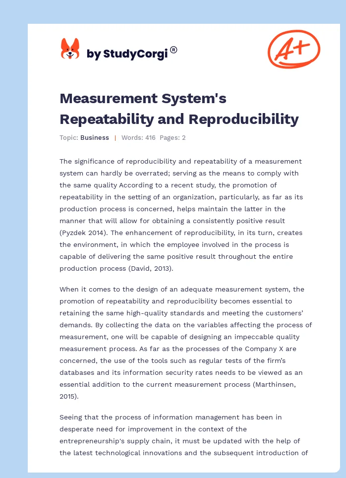Measurement System's Repeatability and Reproducibility. Page 1