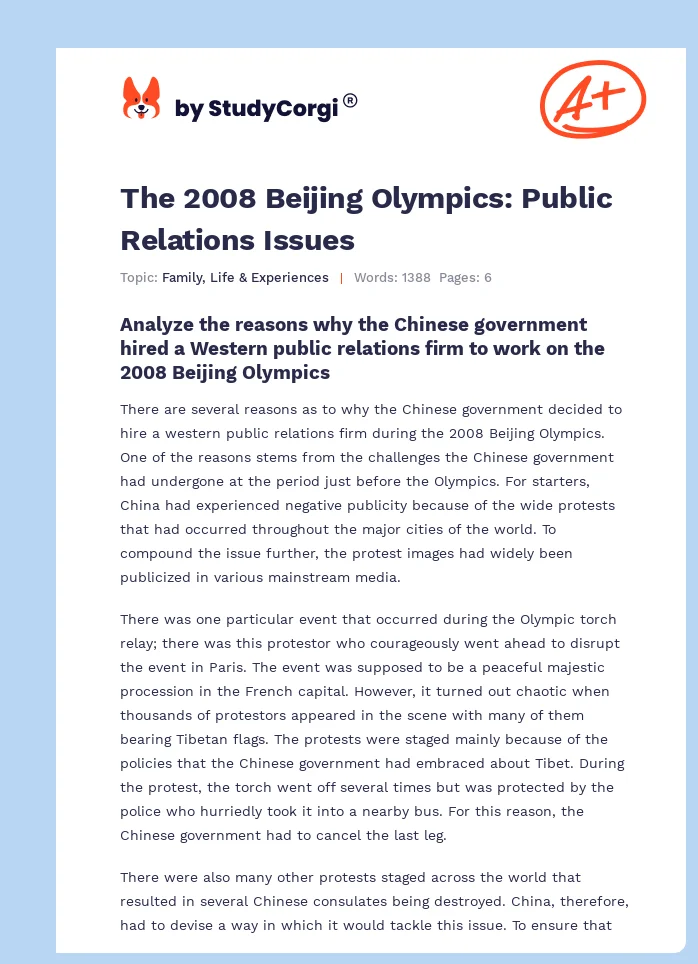 The 2008 Beijing Olympics: Public Relations Issues. Page 1