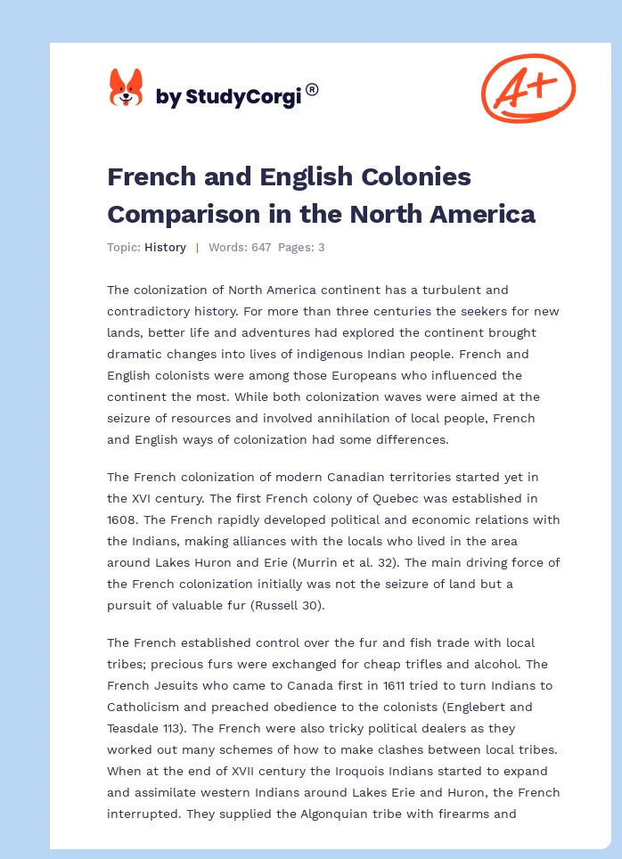 French and English Colonies Comparison in the North America. Page 1