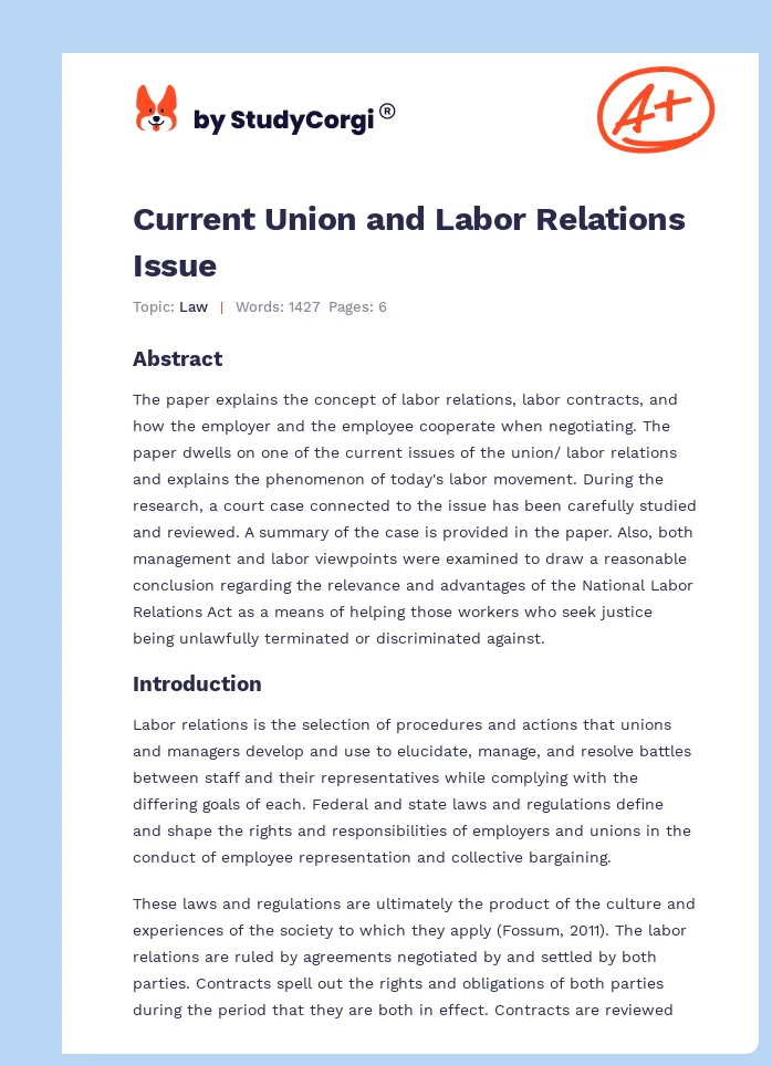 Current Union and Labor Relations Issue. Page 1