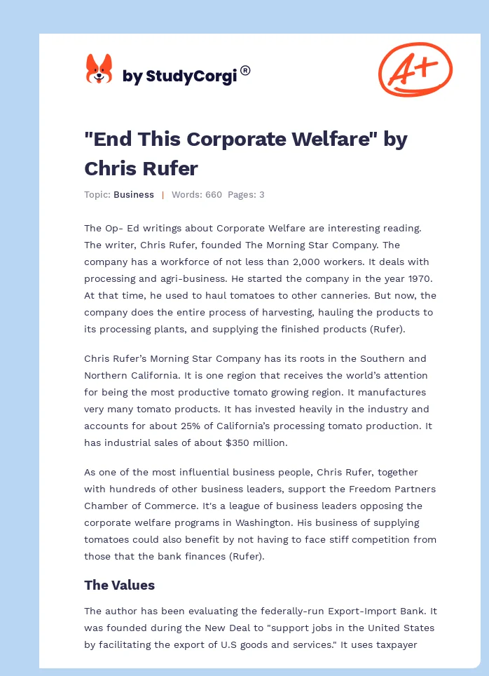 "End This Corporate Welfare" by Chris Rufer. Page 1