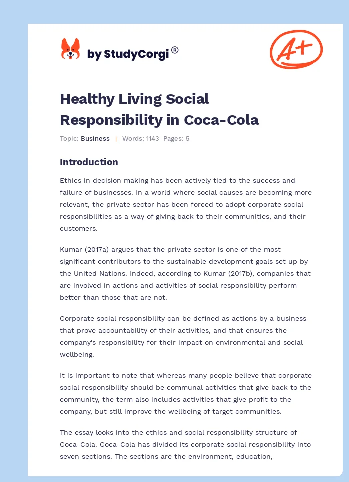 Healthy Living Social Responsibility in Coca-Cola. Page 1