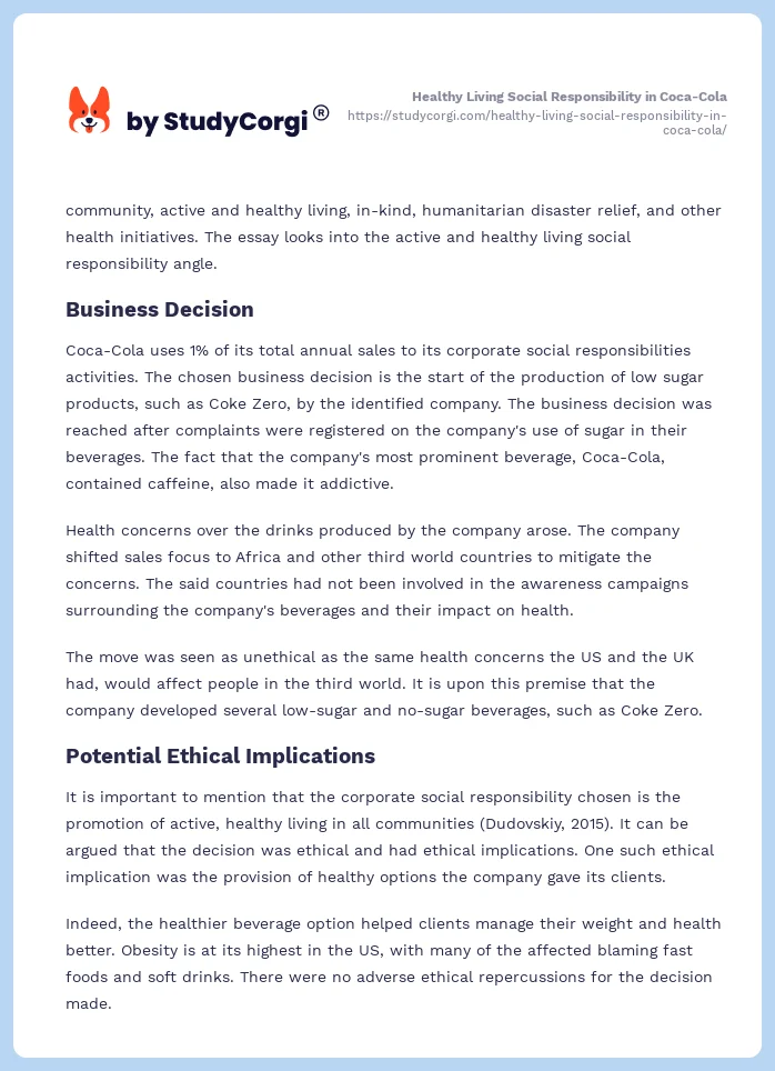 Healthy Living Social Responsibility in Coca-Cola. Page 2