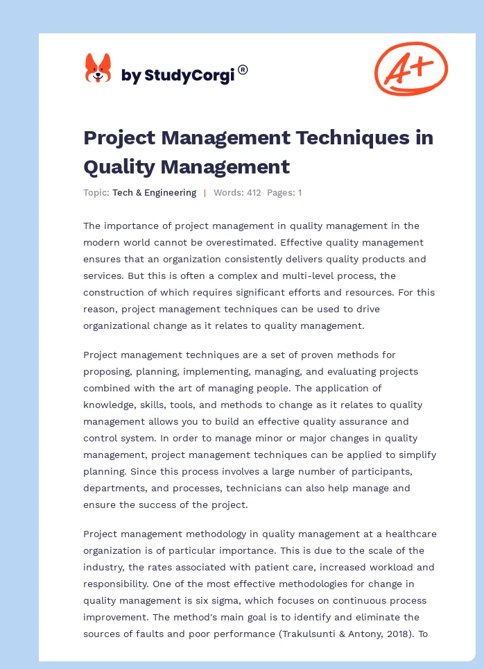 Project Management Techniques in Quality Management. Page 1
