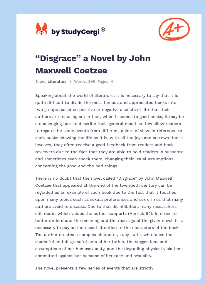 “Disgrace” a Novel by John Maxwell Coetzee. Page 1