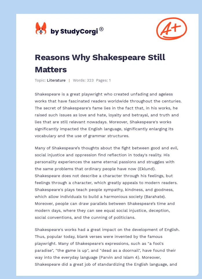 Reasons Why Shakespeare Still Matters. Page 1