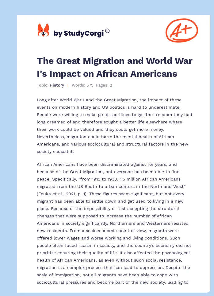 The Great Migration and World War I's Impact on African Americans. Page 1
