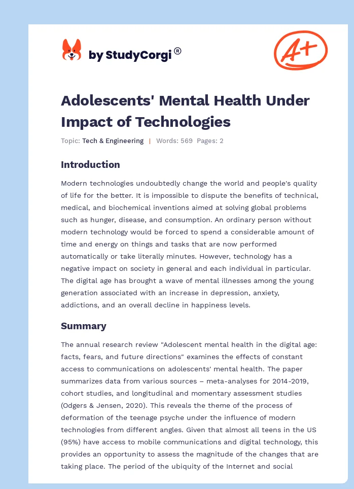 Adolescents' Mental Health Under Impact of Technologies. Page 1