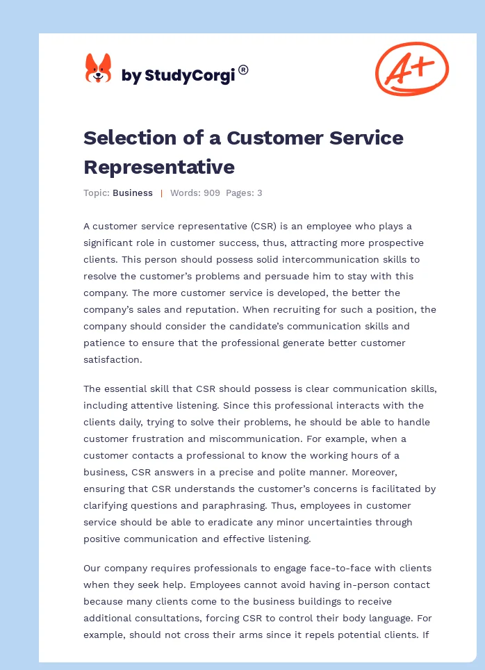 Selection of a Customer Service Representative. Page 1