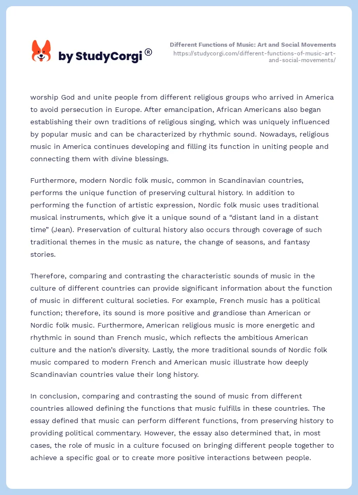 Different Functions of Music: Art and Social Movements. Page 2