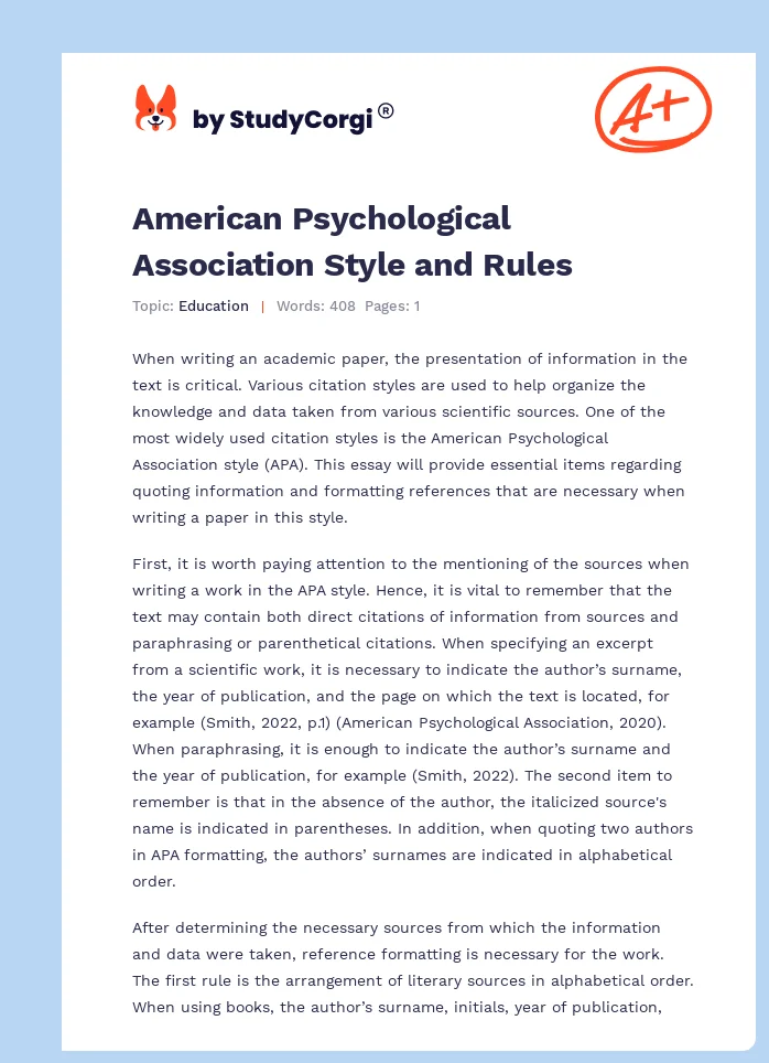 American Psychological Association Style and Rules. Page 1
