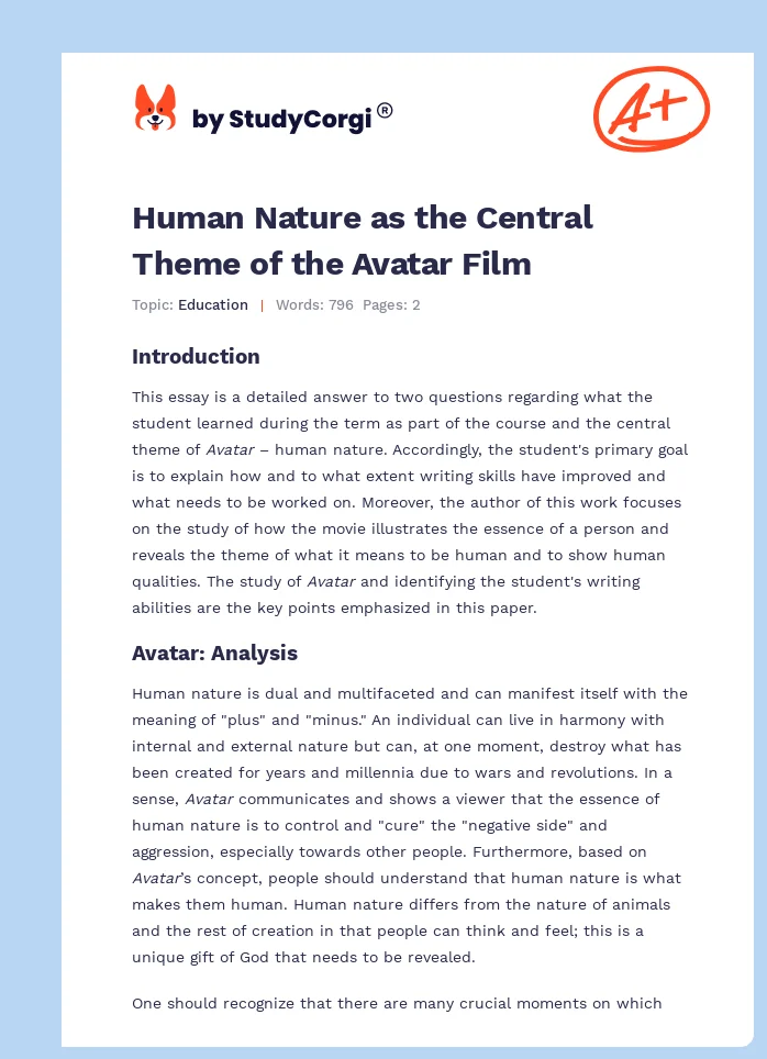 Human Nature as the Central Theme of the Avatar Film. Page 1