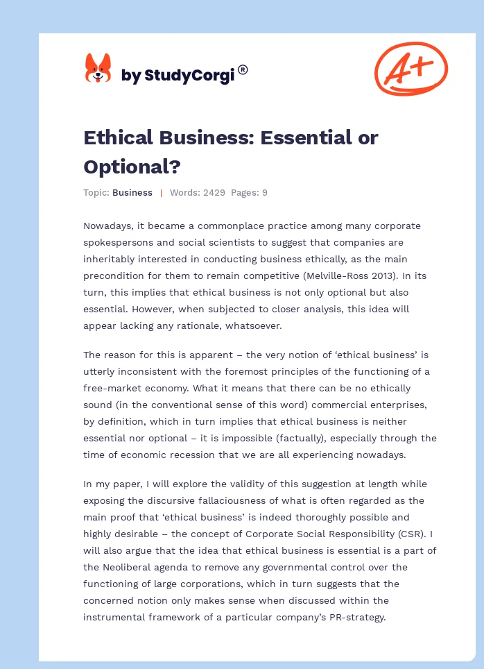 Ethical Business: Essential or Optional?. Page 1