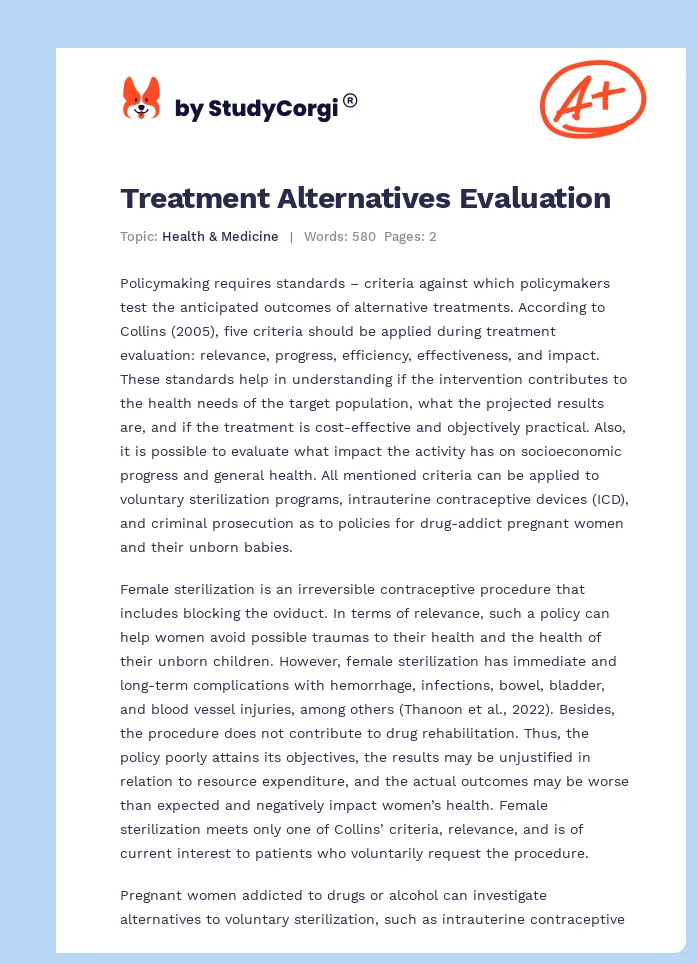 Treatment Alternatives Evaluation. Page 1
