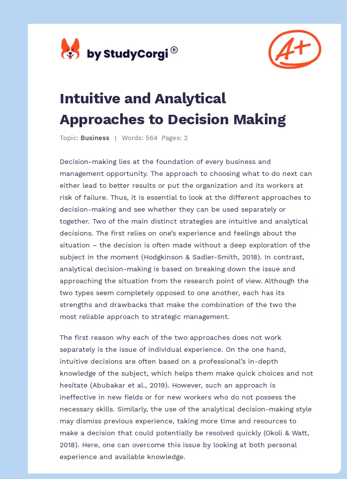 Intuitive and Analytical Approaches to Decision Making. Page 1