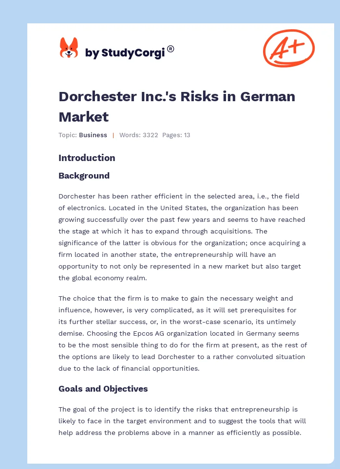 Dorchester Inc.'s Risks in German Market. Page 1