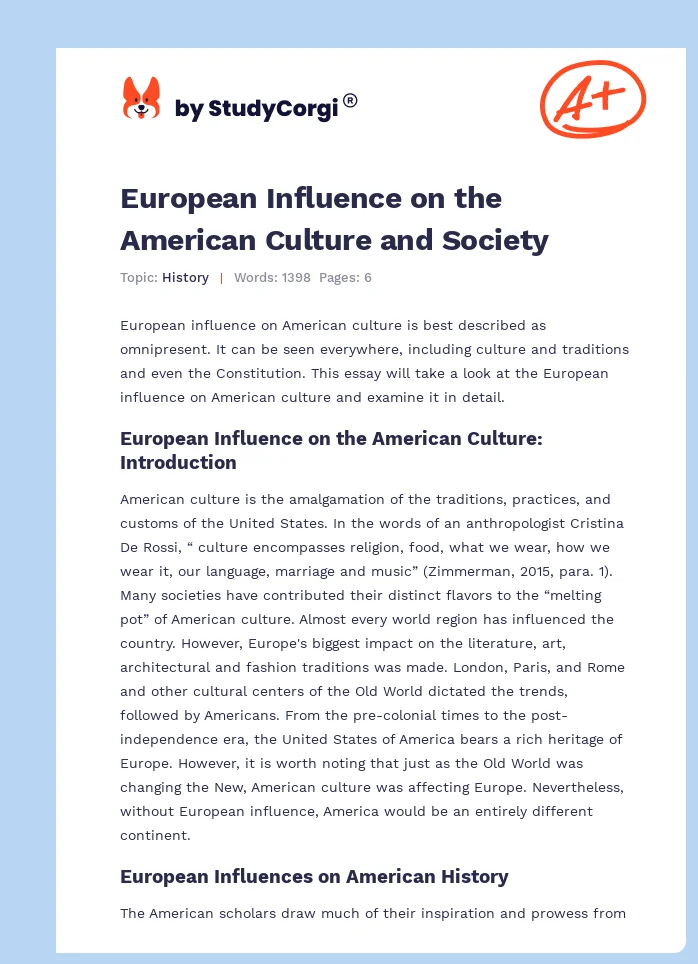 European Influence on the American Culture and Society. Page 1