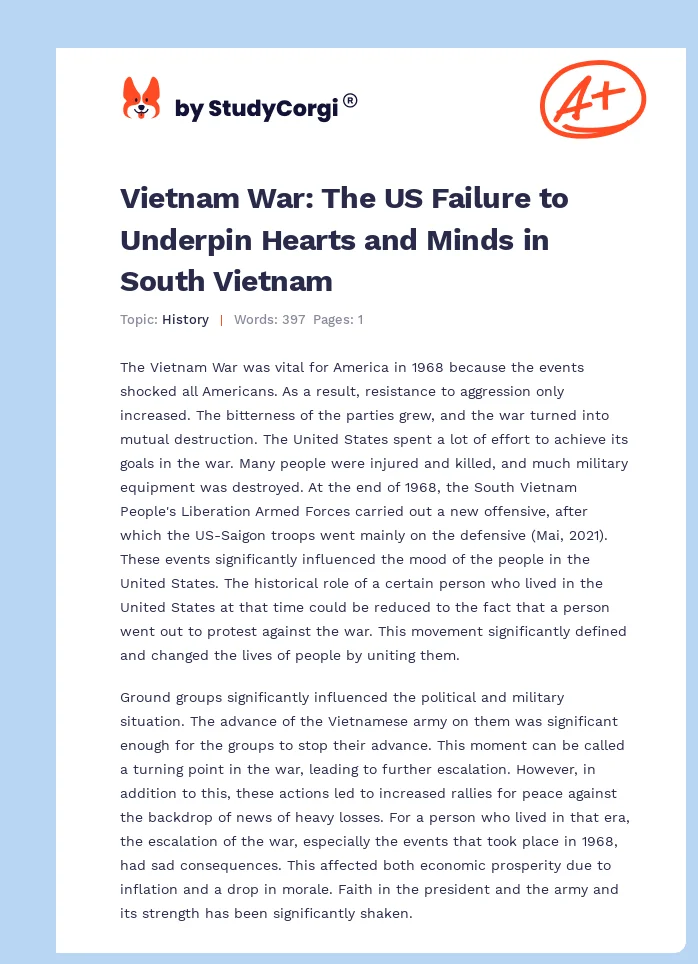 Vietnam War: The US Failure to Underpin Hearts and Minds in South Vietnam. Page 1