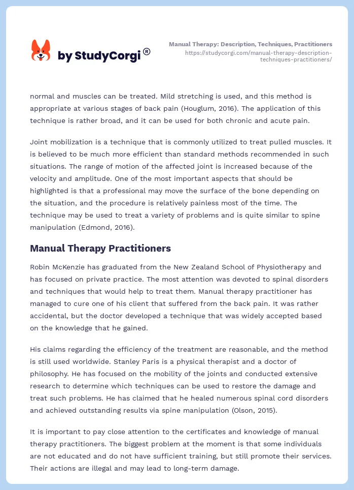 Manual Therapy: Description, Techniques, Practitioners. Page 2
