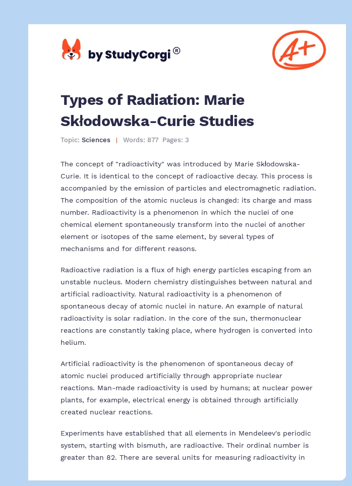 Types of Radiation: Marie Skłodowska-Curie Studies. Page 1