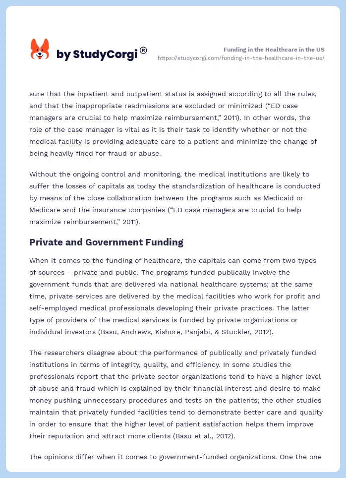 Funding in the Healthcare in the US. Page 2