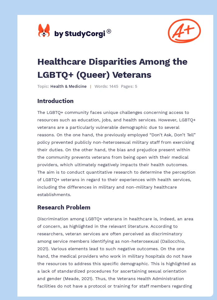 Healthcare Disparities Among the LGBTQ+ (Queer) Veterans. Page 1