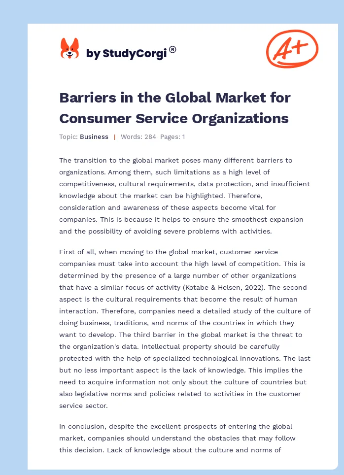 Barriers in the Global Market for Consumer Service Organizations. Page 1