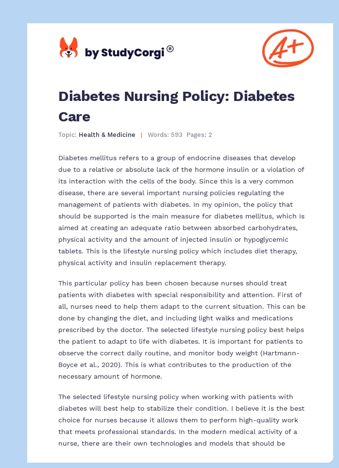 Diabetes Nursing Policy: Diabetes Care. Page 1
