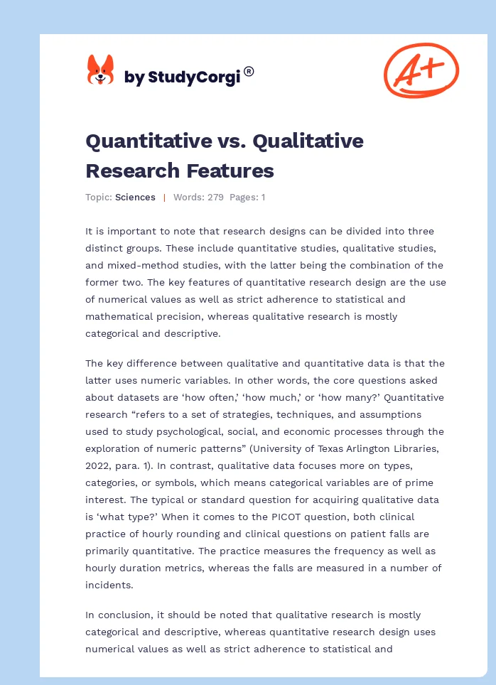 Quantitative vs. Qualitative Research Features. Page 1