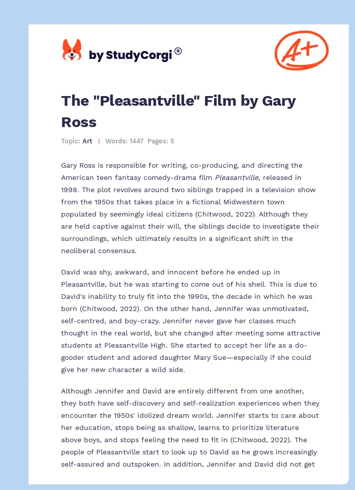 The "Pleasantville" Film by Gary Ross. Page 1