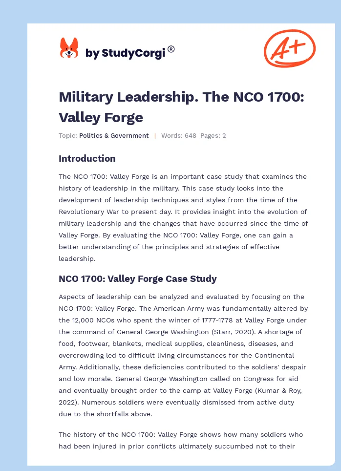 Military Leadership. The NCO 1700: Valley Forge. Page 1