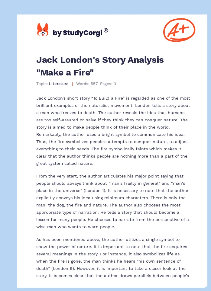 Jack London's Story Analysis "Make a Fire". Page 1