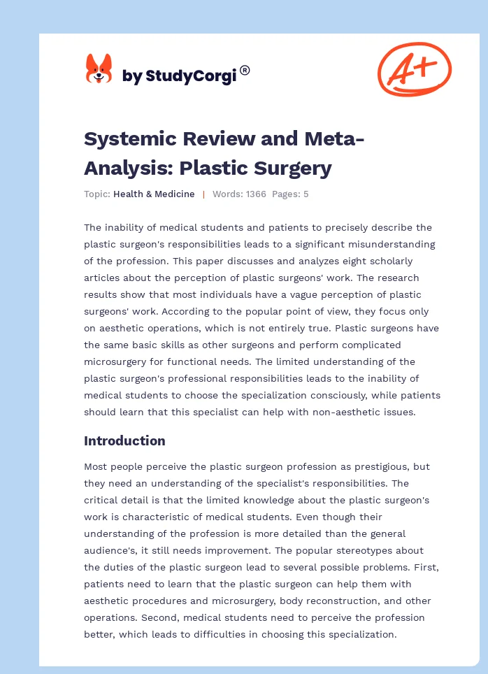 Systemic Review and Meta-Analysis: Plastic Surgery. Page 1