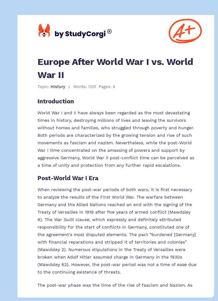 Europe After World War I vs. World War II. Page 1
