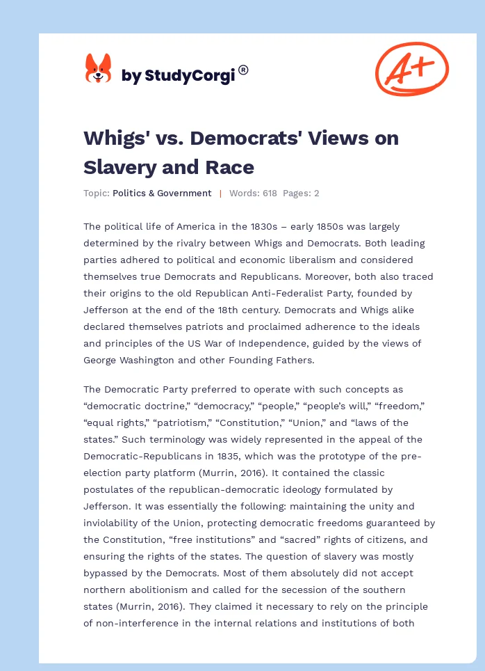 Whigs' vs. Democrats' Views on Slavery and Race. Page 1