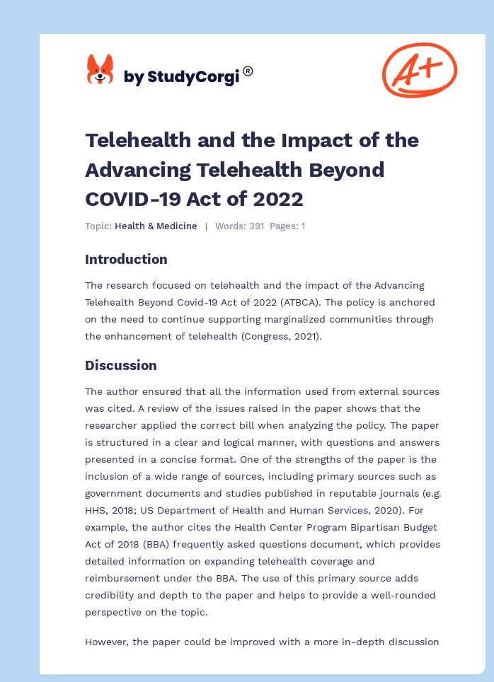 Telehealth and the Impact of the Advancing Telehealth Beyond COVID-19 Act of 2022. Page 1