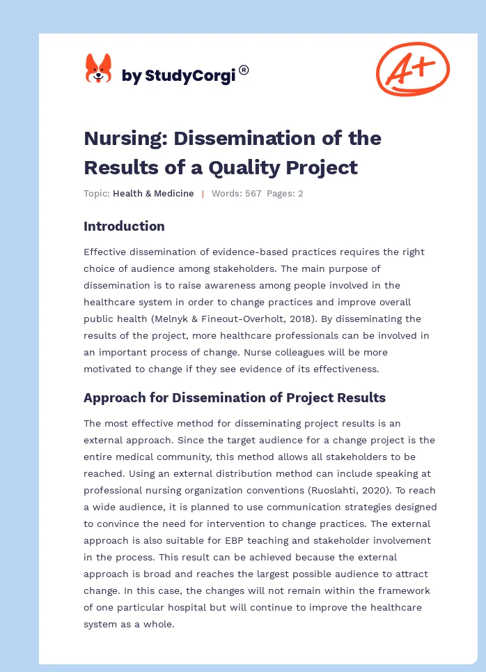 Nursing: Dissemination of the Results of a Quality Project. Page 1