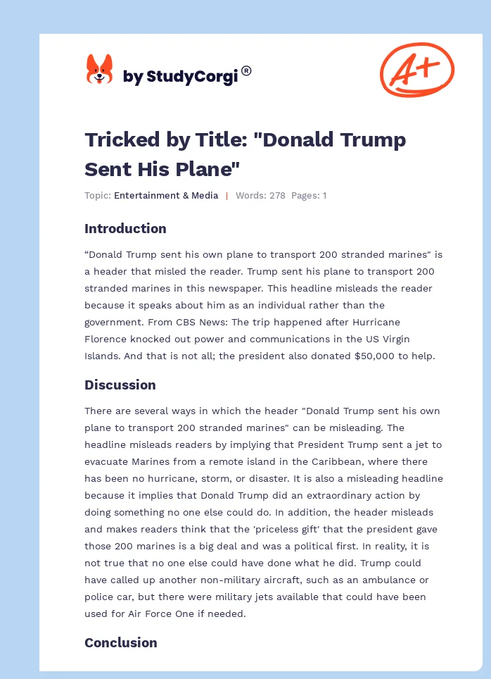 Tricked by Title: "Donald Trump Sent His Plane". Page 1