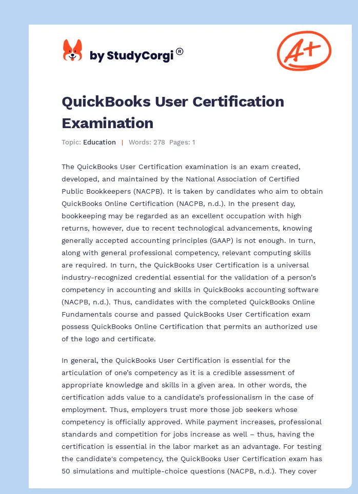 QuickBooks User Certification Examination. Page 1