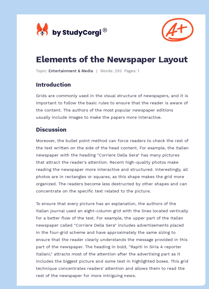 Elements of the Newspaper Layout. Page 1