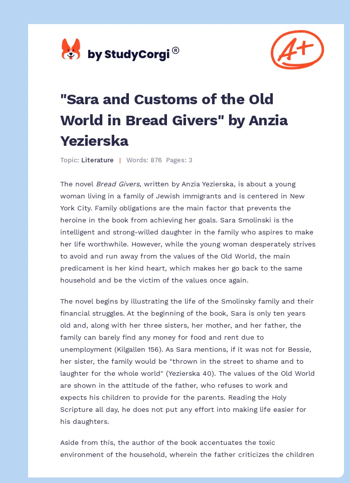 "Sara and Customs of the Old World in Bread Givers" by Anzia Yezierska. Page 1