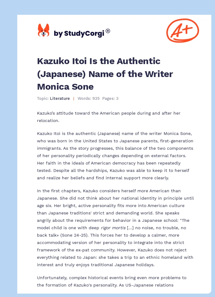 Kazuko Itoi Is the Authentic (Japanese) Name of the Writer Monica Sone. Page 1
