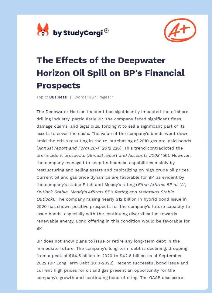 The Effects of the Deepwater Horizon Oil Spill on BP's Financial Prospects. Page 1