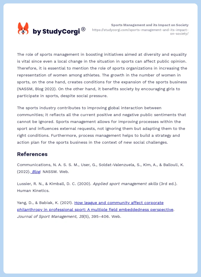 Sports Management and its Impact on Society. Page 2