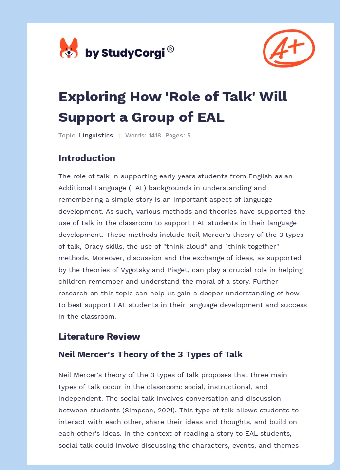 Exploring How 'Role of Talk' Will Support a Group of EAL. Page 1