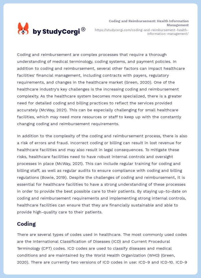 Coding and Reimbursement: Health Information Management. Page 2