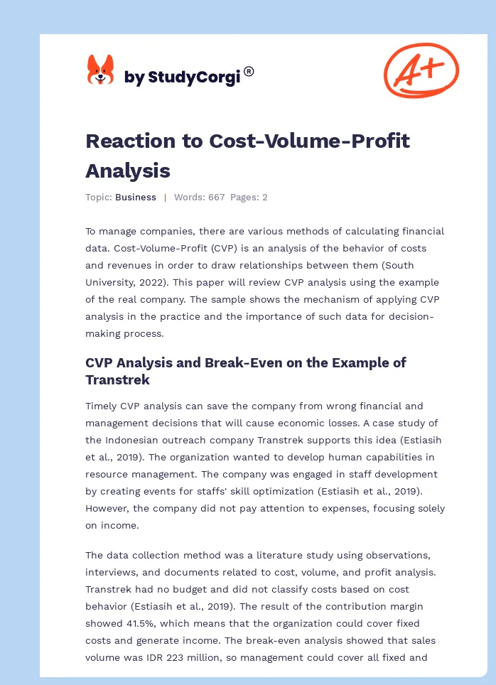 Reaction to Cost-Volume-Profit Analysis. Page 1